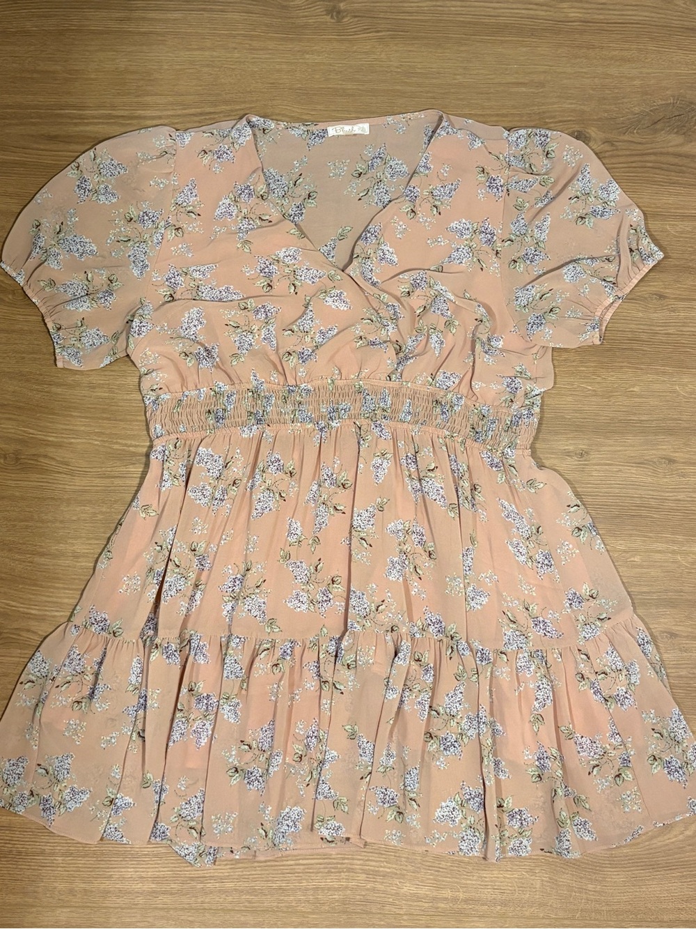 Blush BJ Floral Smocked Waist Short Sleeve Dress - Peach